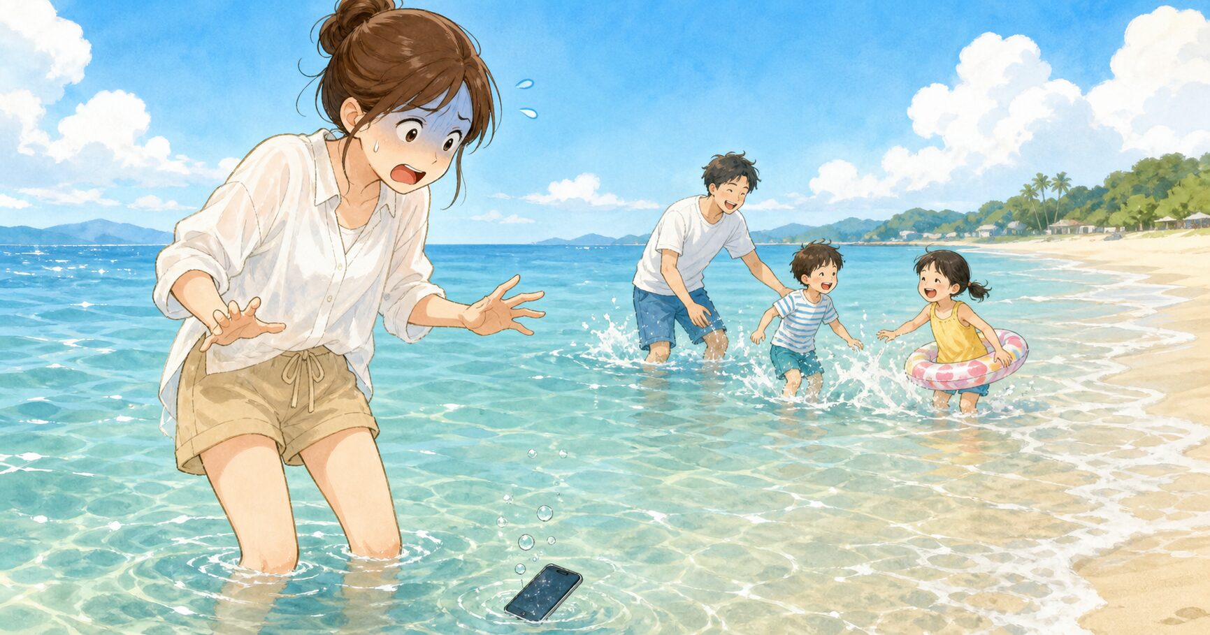海でスマホを落としたことに気づき焦るママ