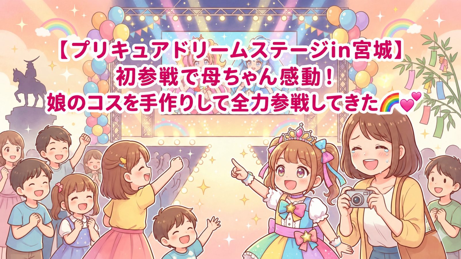 プリキュアドリームステージin宮城に手作り衣装で参戦した親子のイラスト
