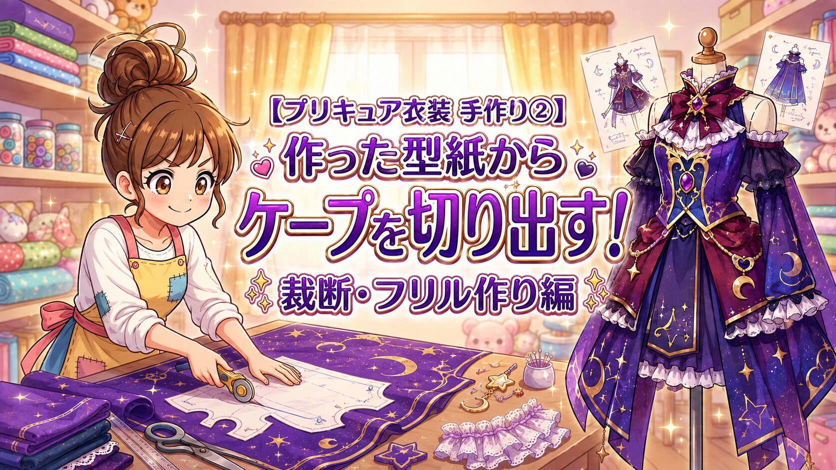 【プリキュア衣装 手作り②】作った型紙からケープを切り出す 裁断・フリル作り編